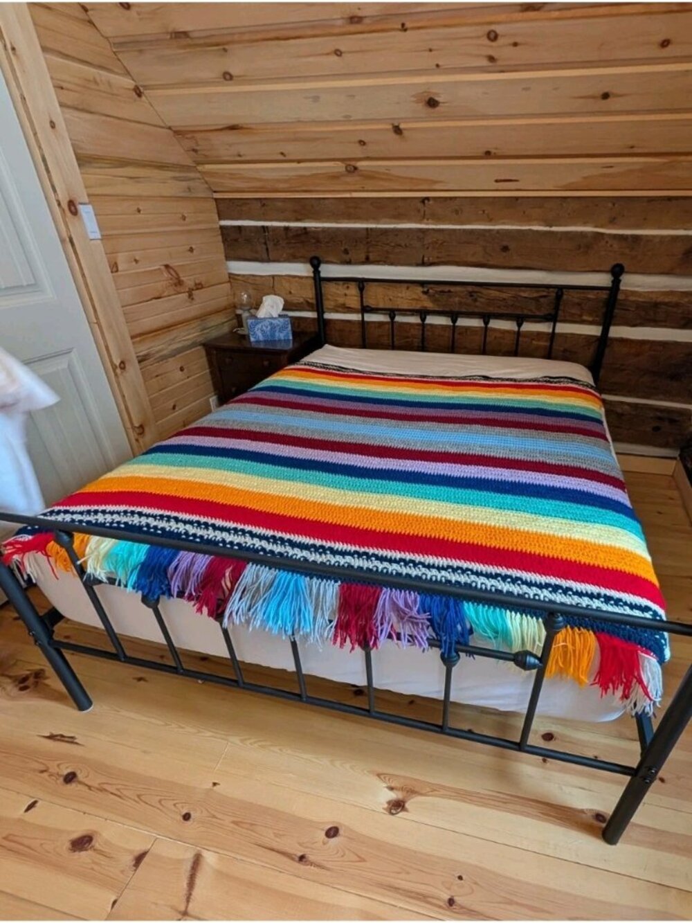 Vintage Handmade Crochet Stripe Blanket 51x57 Fringe Afghan Throw Boho